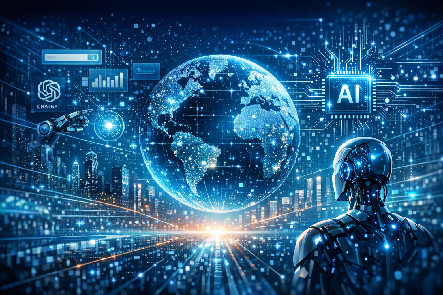 AI検索時代を象徴する未来型デジタルネットワークイメージ